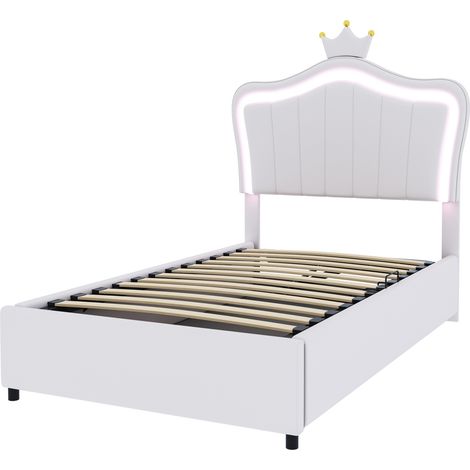 Cama tapizada infantil 90x200 cm con LED, arcón hidráulico y cabecero regulable, blanco (1/5)