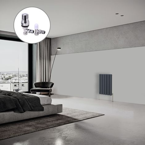 Flat Panel Designer Radiator Anthracite + Chrome Angled TRV Thermostatic Radiator Valves Horizontal 600x408mm Double