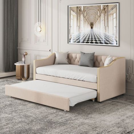 Lit gigogne 90x200 cm, sofá-cama extensible con somieres de lamas, estilo escandinavo, tejido de lino suave, remaches, beige