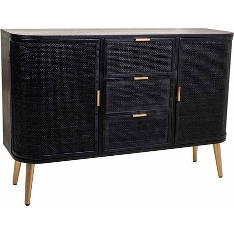 Aparador madera y ratán negro y dorado 115x35x80cm