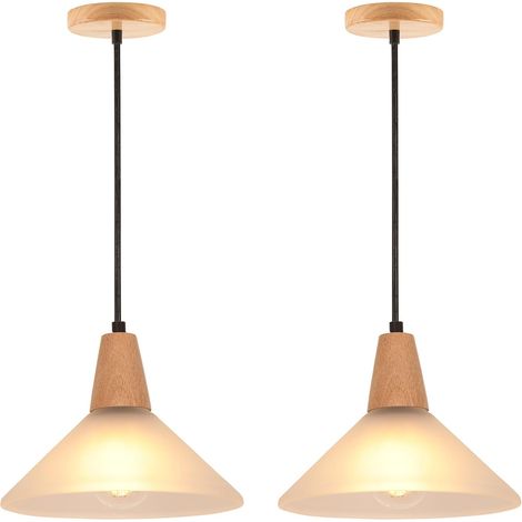 Lot de 2 Suspension Luminaire en Verre Lustre Vintage Industrielle E27 Plafonnier Moderne Abat-jour en Verre Ø23cm Bois Lampes Suspendues pour Cuisine Salle à Manger Chambre Café (1/5)