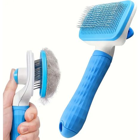 Brosse pour animaux facile à nettoyer avec bouton autonettoyant pour une élimination des poils en une seule touche - Peigne à poils incurvés pour chats et chiens, doux Desh[D]-AquaForge (1/5)