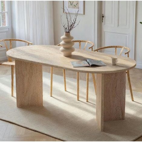 Pier Import – Table à manger ovale effet travertin 200 cm – Pieds en V – Largeur 90 cm – Hauteur 75 cm – MDF mélaminé résistant aux rayures