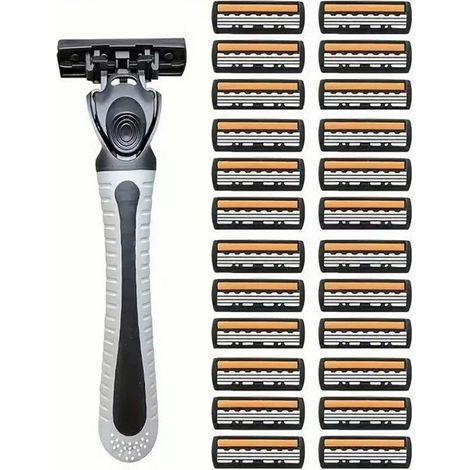 Kit de rechange pour rasoir homme (3 lames) - 24 têtes de rasage triple couche orange/noir + 1 manche antidérapant gris - Idéal pour peau sensible & cadeau d'anniversaire (1/5)