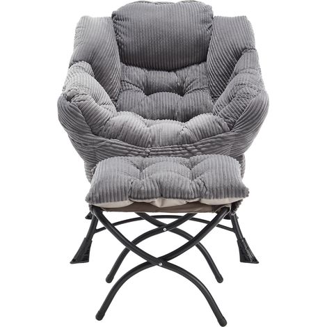 Grauer Relaxsessel mit Hocker, Stahlgestell, Armlehnen und Seitentasche (1/5)