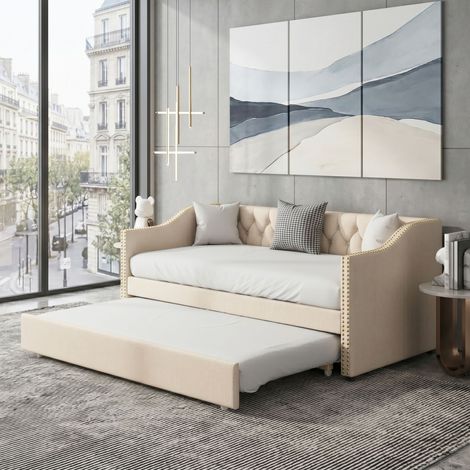 Lit gigogne - Canapé-lit 90/180 x 200 cm, lit simple/double avec sommier à lattes, lit de jour, Lit banquette doux pour la peau, beige, 90/180 x 200 cm, tissu lin (1/5)