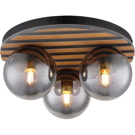 Deckenleuchte Deckenlampe Glas rauchfarben Holzoptik Wohnzimmerlampe 3 flammig, Metall Glas, 3x E27 Fassungen, DxH 39x20 cm