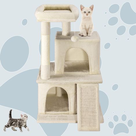 Albero Tiragraffi Rifugio per Gatti Graffiatoio Beige per Felini Cucce 3 Livelli (1/5)