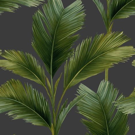 Large Palm Leaf Wallpaper Charcoal And Green Kaliani Collection Feature Wall (1/2)