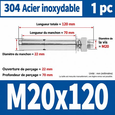 Goujon d'ancrage cheville métallique M20 x 120 mm inox 304 perçage 25 mm 1 pièce m20 120 1 pièces 1 kg – Livraison gratuite
