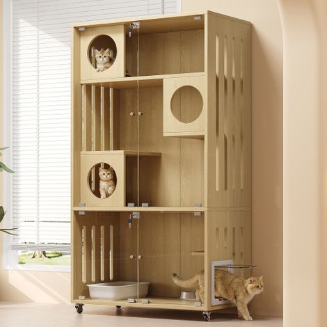 Großer Holzkäfig für Katzen 90x50x166 cm mit Rollen, Innenvilla für Haustiere, Gehege für Frettchen und Chinchillas mit abschließbarer Tür, Naturholzfarbe (1/5)