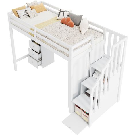 Lit superposé enfant en bois massif/MDF blanc 90x200 cm, avec bureau, armoire, escalier rangements, sommier inclus (1/5)