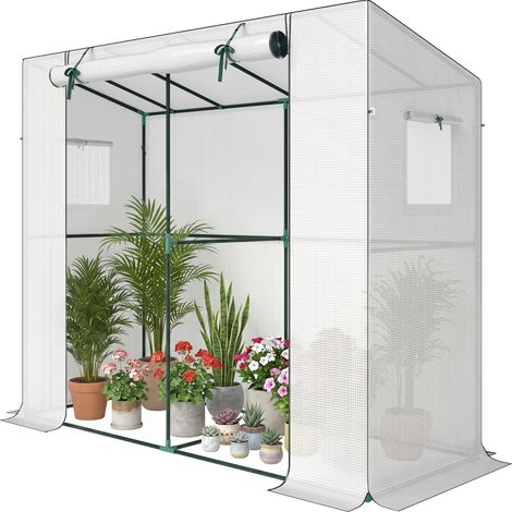 Mini serre adossée blanche – porte enroulable, fenêtres filet anti-UV, pour fleurs, semis et plantes (1/5)