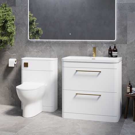 Oslo Gloss White 1350mm Vanity Unit Toilet Suite with Fina Basin - 1350mm - Brushed Brass 320mm HandleWith Jubilee Toilet Pan and Seat
