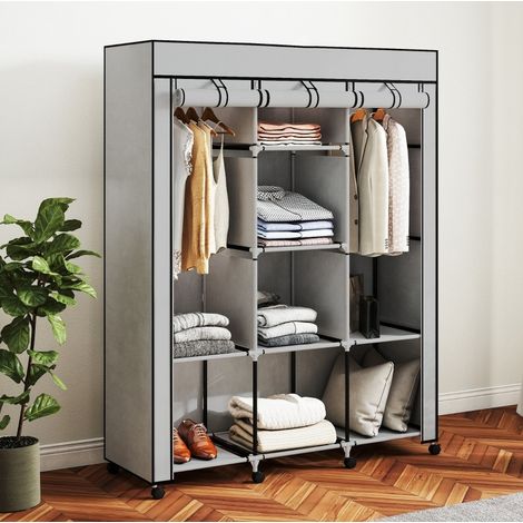 Armadio in tessuto 125x43x162.5 cm, 2 aste appendiabiti, 8 ripiani, con zip, tela, grigio chiaro (1/5)