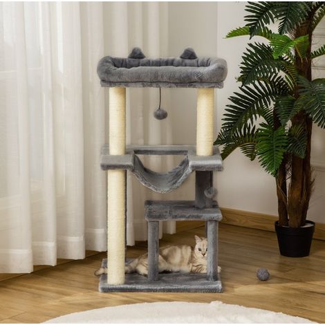 Katzenbaum 90 cm mit Hängematte, Katzenhöhle, Plattformen und Sisal, Grau OKMYHOME (1/5)