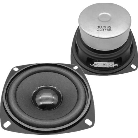 4-inch magnetically shielded full-range speaker with bass response, 8 ohms, 30 watts, speaker enclosure, 4-inch woofer.