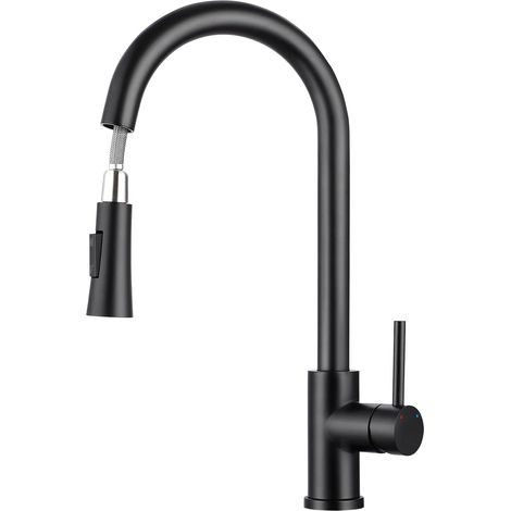 Robinet de cuisine noir rotatif à 360° avec douchette extensible, mitigeur de cuisine à arc haut avec douchette, 2 modes, robinet d'évier à levier unique en acier inoxydable 304 (1/5)