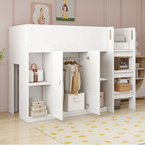 DESVIAE Lit mezzanine enfant avec rangement armoire et étagères 90 x 200 cm échelle intégrée blanc et gris (1/5)