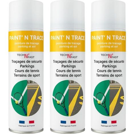 Bombe peinture marquage au sol TECH N'FAST - lot de 3 aérosols jaune, traçage professionnel