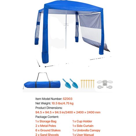 Abri de Plage, Hauteur Réglable, Protection UV, Navy Uni (1/2)