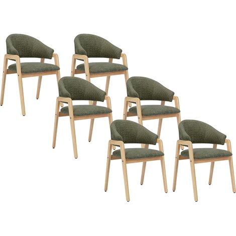 Lot de 6 chaises avec accoudoirs en tissu bouclette et bois d'hévéa - Vert et naturel - SOLUNA (1/5)