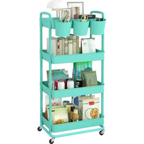 Chariot de Rangement à 4 Niveaux, roulettes en Plastique verrouillables, poignées, gobelets Suspendus supplémentaires, pour Salon, Salle de Bain, Cuisine, Bureau, Vert (1/5)