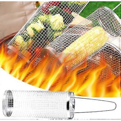 Lot de 2 paniers à griller à roulettes pour barbecue, ronds, en acier inoxydable, pour le camping et les activités de plein air. (1/5)