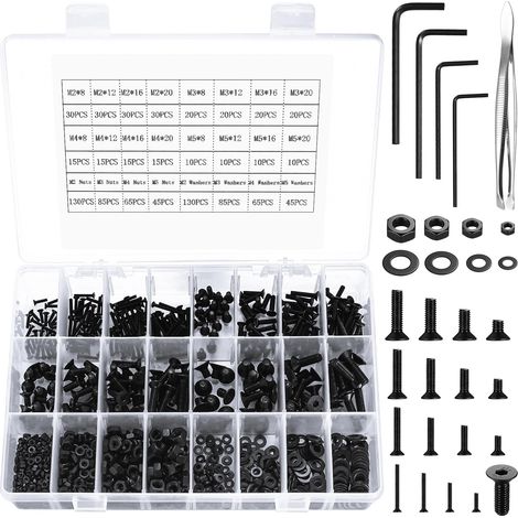 Kit Boulons Tête Fraisée 950p Acier Carbone, M2/M3/M4/M5 Fixation Bricolage Lot de 950 pièces en acier carbone : vis à tête fraisée six pans creux, écrous et rondelles, tailles M2, M3, M4, M5. (1/5)
