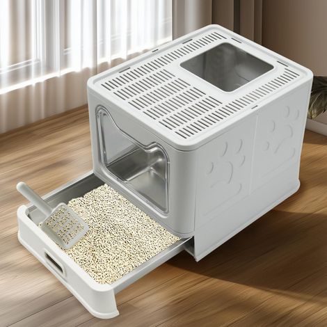 Bac à Litière Chat XXL, Maison de Toilette Fermée en Acier Inoxydable avec Pelle, Repose-Pied Filtrant, Côtés Hauts, sans Odeur pour aux Grands Chats 48.5L x 38.3l x 38.5H cm (1/5)