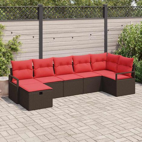 Sofa Set mit Kissen 7 pcs Braun und Rot Poly-Rattan (1/5)