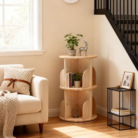 Bibliothèque Rotative 360° en Bois Massif 2 Niveaux, Étagère de Rangement pour Enfant et Adulte, Ø 39 x H 67 cm (1/5)