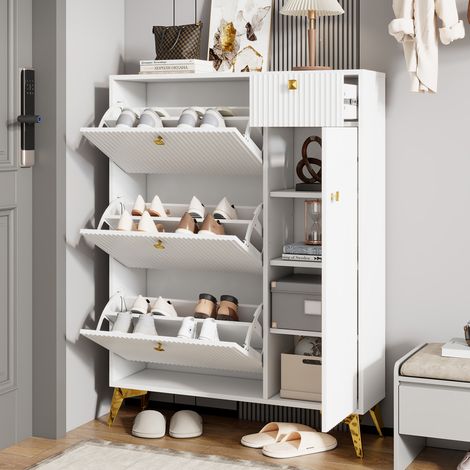 Mueble Zapatero con 3 Abatibles, 1 Cajón y 1 Puerta, Estantes Regulables, para Entrada, 90×25×121 cm (1/5)