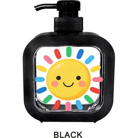 Distributeur de savon (noir, 300 ml) : motif soleil souriant et rayons colorés, idéal pour la salle de bain, la cuisine et la décoration intérieure. Usage quotidien. (1/5)