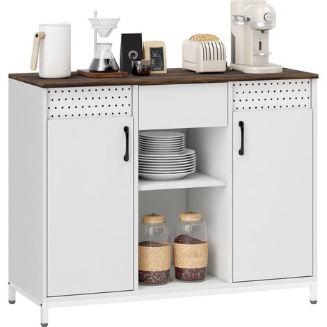 HOMCOM aparador de 2 puertas con orificios, aparador para salón con cajón, compartimentos abiertos, estantes ajustables, 100x40x80 cm, blanco