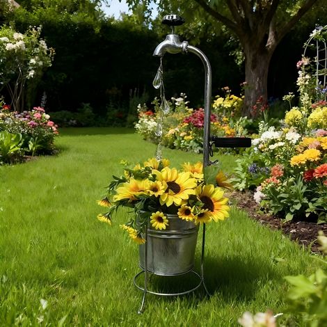 Lanterne solaire avec pot de fleurs en fer forgé, décoration de jardin et terrasse, design robinet et gouttes d'eau, couleur argent brossé, dimensions 20,5 x 18,5 x 60,5 cm (1/4)