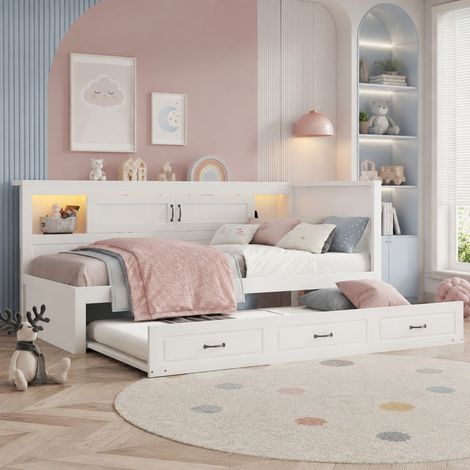 Schlafsofa 90x200 cm Weiß aus Spanplatte und MDF mit Ausziehbett, LED-Beleuchtung, Steckdose und USB (1/5)
