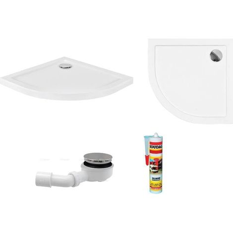 ECOLAM Receveur de douche Semi-circulaire plat Aron 90x90 cm Hauteur: 5,5 cm, Profondeur: 3 cm R55, siphon+ silicone. Receveur de douche acrylique blanc (1/5)