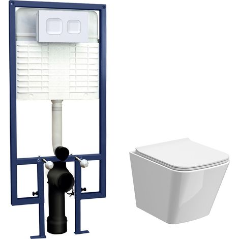 Hilderstone Contemporary Square Wall Hung Toilet Pan and Seat with Concealed Cistern and Flush Plate with Square Buttons - White