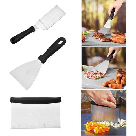 3-piece stainless steel kitchen spatula, stainless steel plancha spatula, barbecue utensils with plastic handle, barbecue accessories for smash burgers, gas barbecues (1/5)