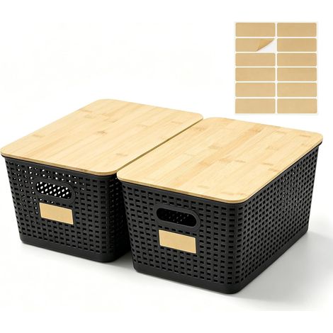 Bacs de Rangement Hauts en Plastique avec Couvercles en Bambou (1/5)