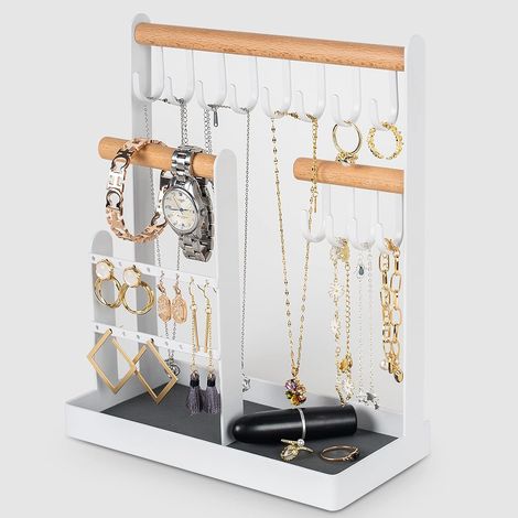 Présentoir à bijoux à 3 niveaux en métal et bois, avec rangement pour boucles d'oreilles, bagues, colliers, bracelets, montres et autres bijoux. Idéal comme cadeau pour femmes et jeunes filles. (1/5)