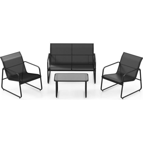 Pour se détendre dehors, ensemble balcon 4 places avec tissu respirant, cadre métal noir et table basse de jardin (1/5)