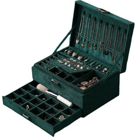 Dreilagiges Schmuckkästchen für Damen – Abschließbares Reiseetui – Fächer für Halsketten, Ringe und Armbänder – Umweltfreundlicher Samt (1/4)
