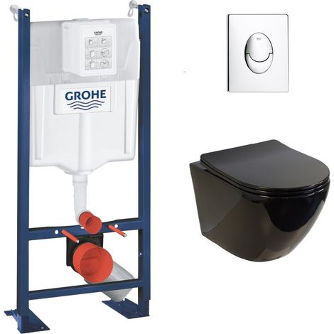 Pack WC Grohe Rapid SL Project + Cuv. KELOS Flush Noir brillant + Plaque Chomé