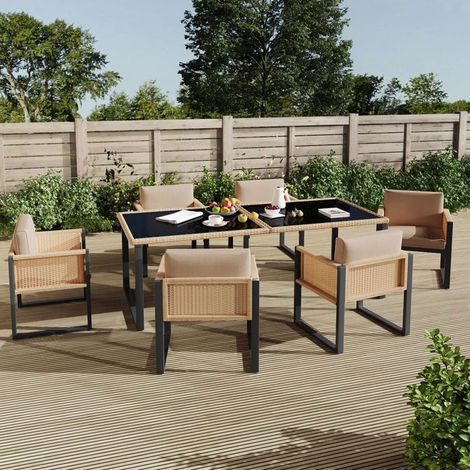 Salon de Jardin 7 Pièces - 6 Personnes - Résine Tressée - 1 Table Verre Trempé + 6 Fauteuils - Coussins Déhoussables - Marron/Noir (1/5)