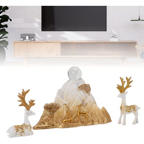 Figuritas de ciervos de resina sentados y de pie con bola de cristal y escultura de roca de montaña: elegante conjunto decorativo para sala de estar y oficina. (1/5)