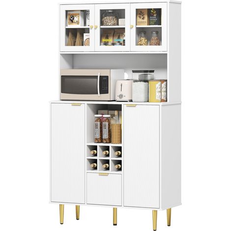 Meuble de cuisine moderne avec placards, tiroir, porte-bouteilles, portes vitrées et étagères réglables 100 x 40 x 180 cm Blanc (1/5)