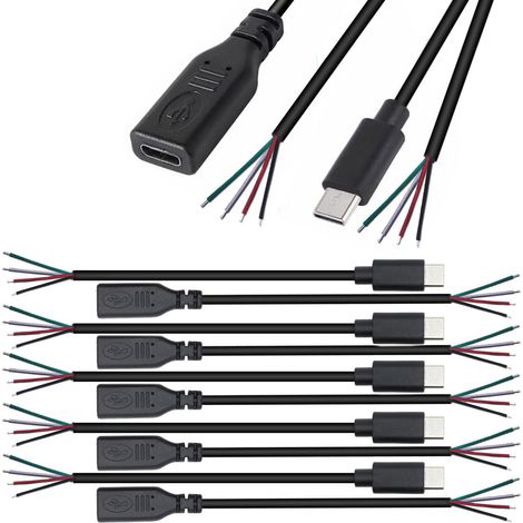10Pcs Queue de cochon USB Type-Cmâle femelle,28AWG 5V 3A mâle femelle USB-C vers fil nu à 4 broches,USB type C Câble d'alimentation et de données, prise USB C à souder (25cm) (1/5)