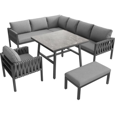 ELVMI Salon de Jardin avec 2 Canapés, 1 Fauteuil, 1 Banc et 1 Table, Coussins Inclus, Métal et Polyester, Gris (1/5)